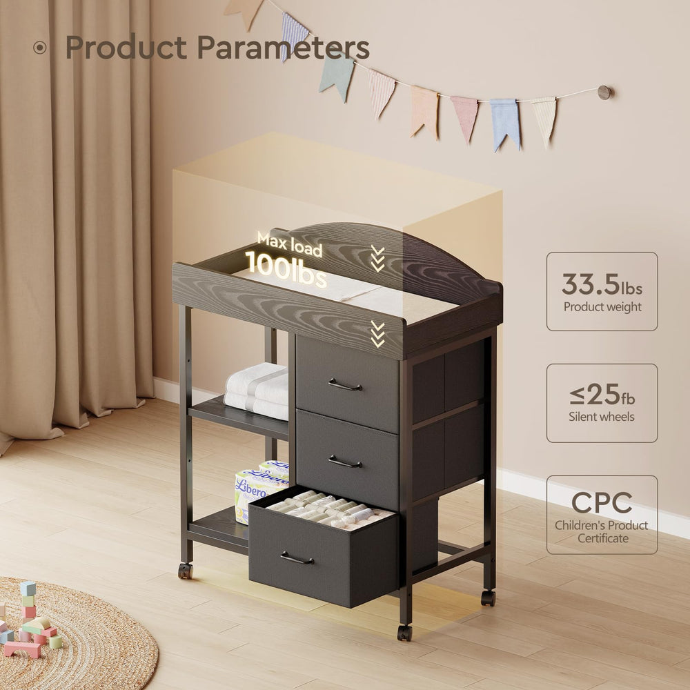 Safety rails and lanyard on YeTom black changing table dresser