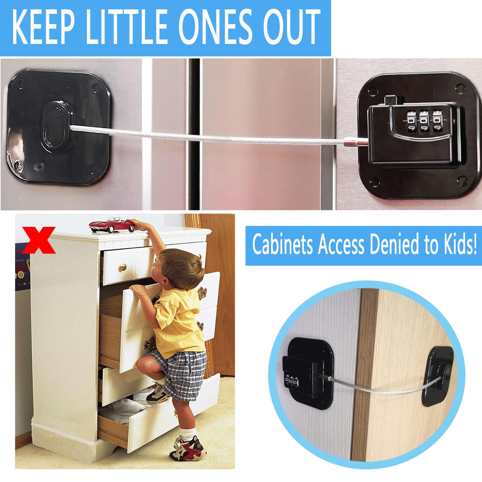 YEYA child safety latch on cabinet enables quick one-handed access.