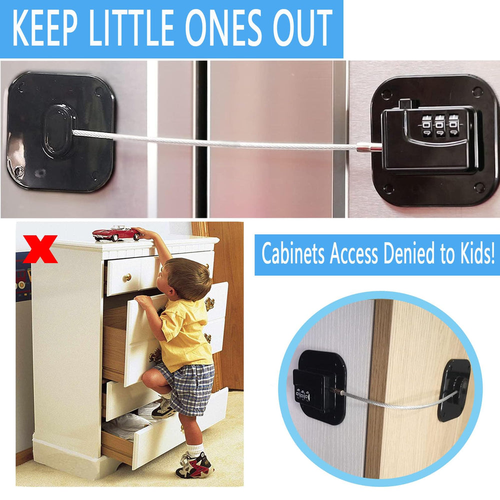 YEYA child safety latch on cabinet enables quick one-handed access.