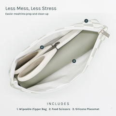 Yeah Baby Goods wipeable tote keeps mealtime essentials organized and mess-free during travel.