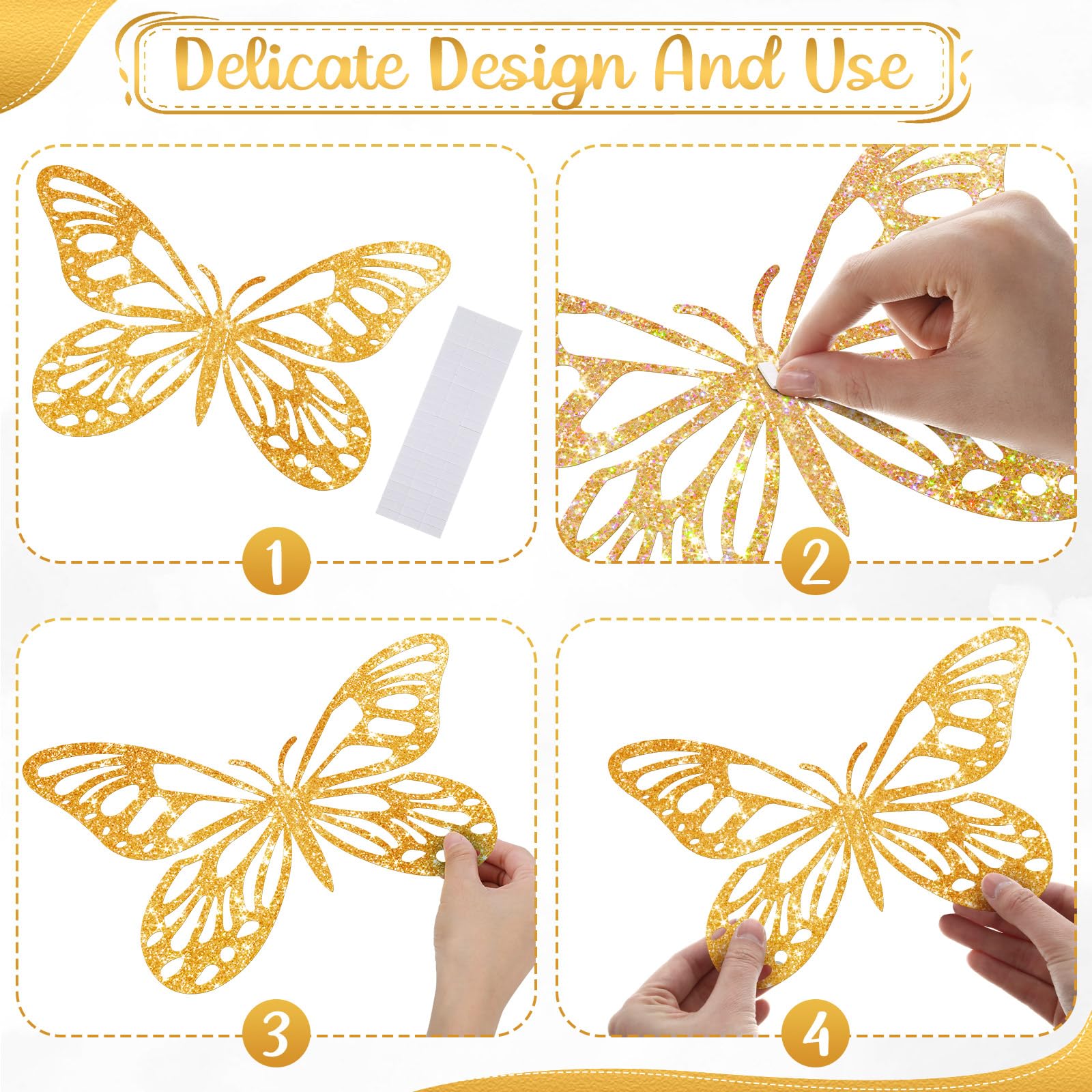 Yeaqee glitter gold butterfly wall decor large style 3 catches light beautifully