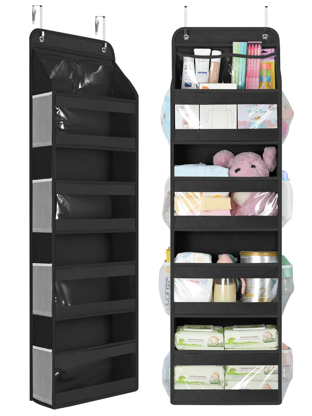 Yecaye 5-tier over-the-door organizer front view with roomy compartments for clothes