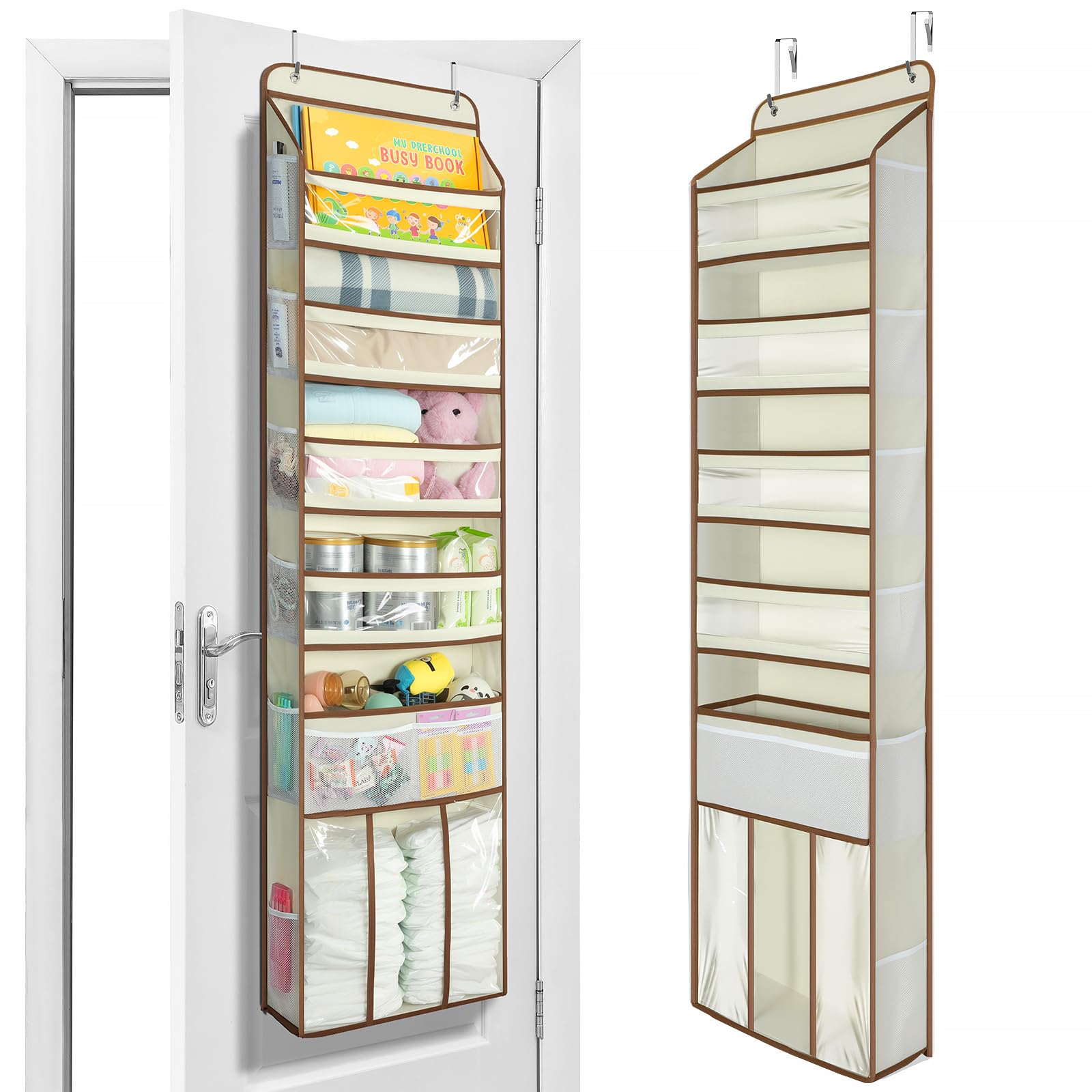 Yecaye 6-tier over-the-door organizer in beige with ample storage for garments and toys.