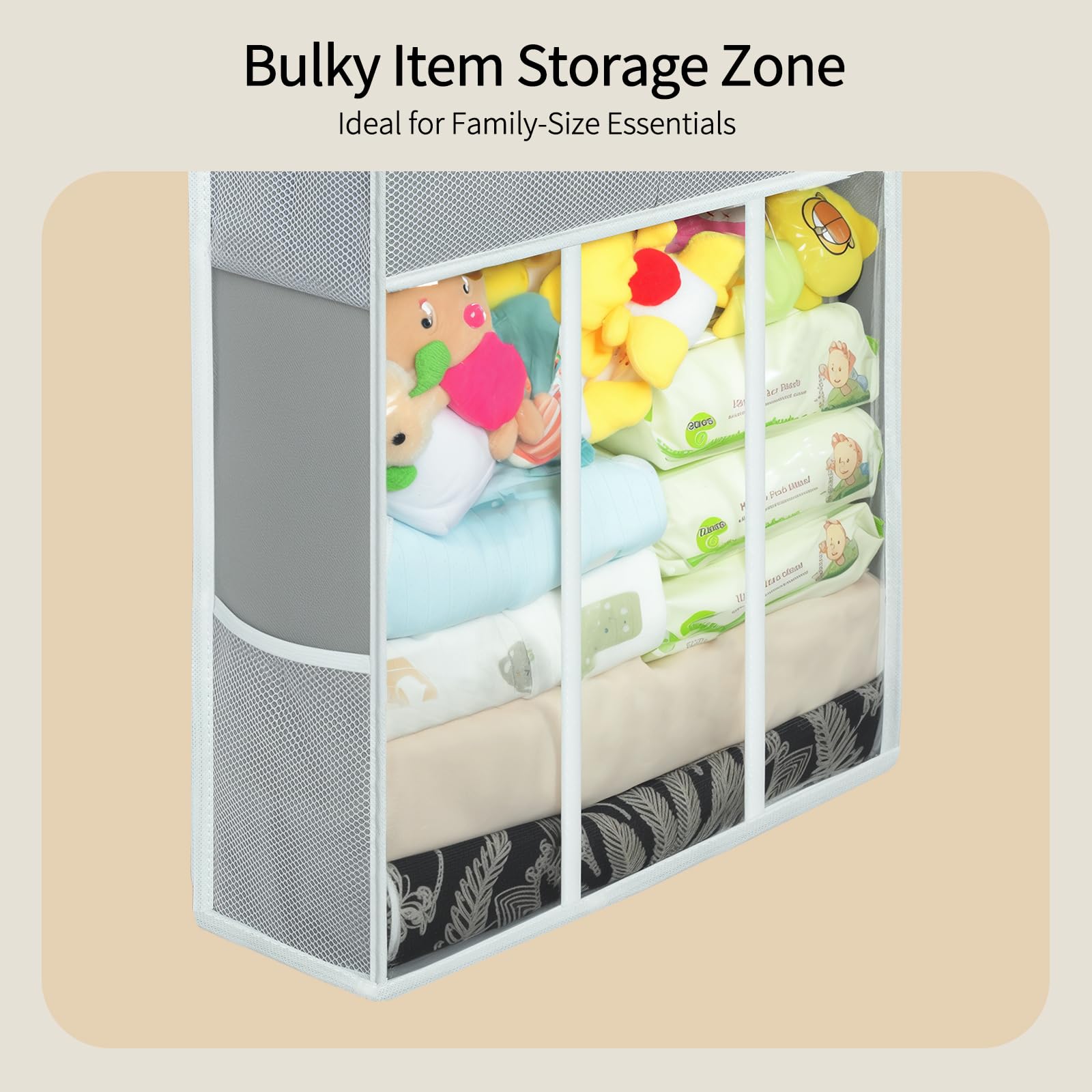 Yecaye bottom deep bin stores bulky items neatly like diapers or blankets.