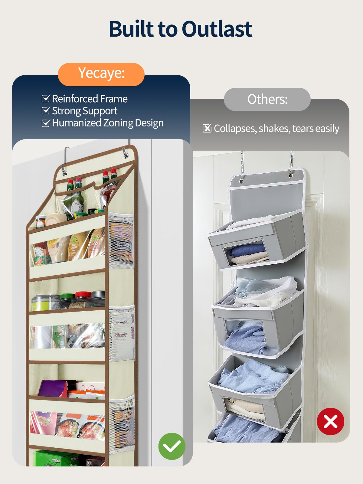 Yecaye 4-compartment shelf behind door for bulky items like blankets.