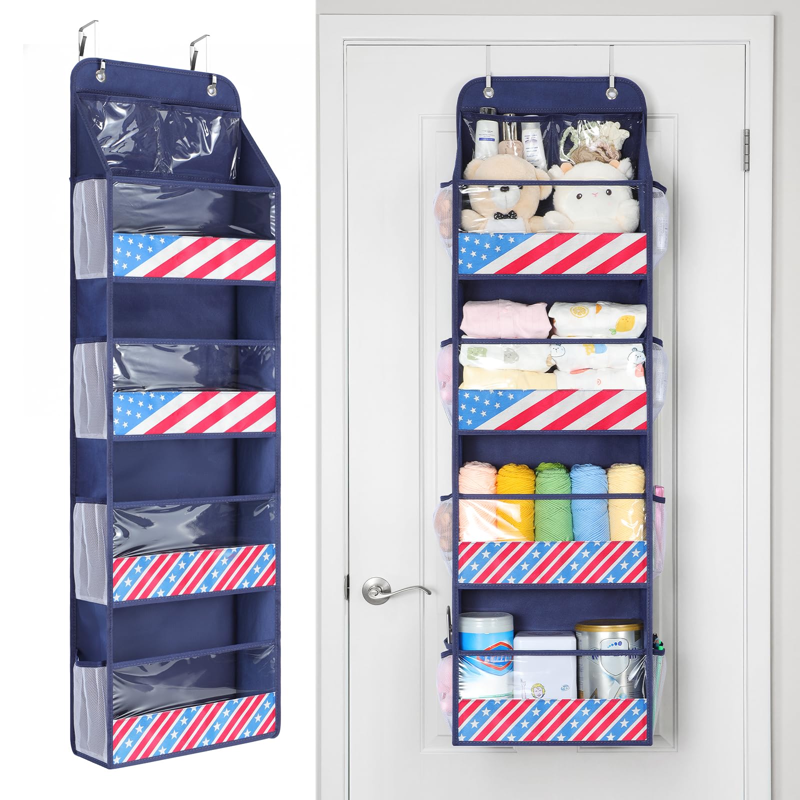 Yecaye door organizer front view in navy showing roomy compartments for coats and towels.