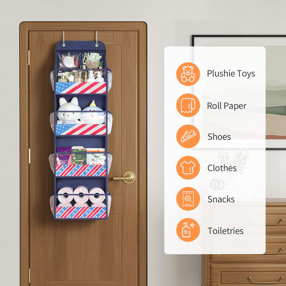 Yecaye door organizer side pockets keep cables and socks organized and within reach.