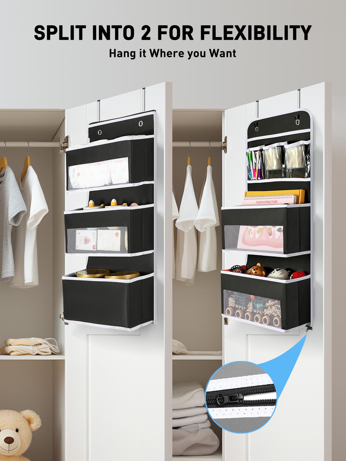 Yecaye door organizer split into two 3-shelf sections for small spaces