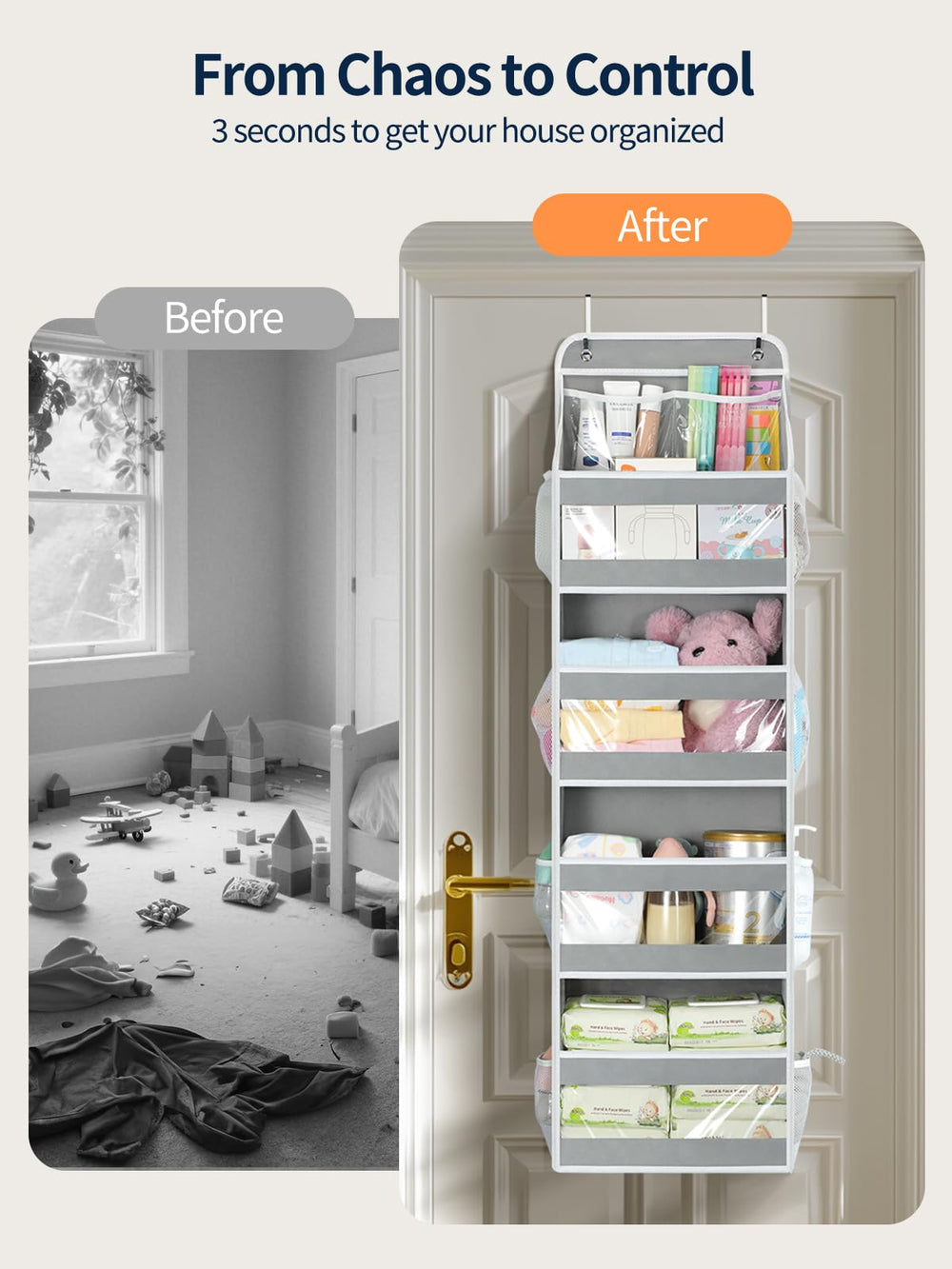 Yecaye door organizer top pockets with clear visibility for items.