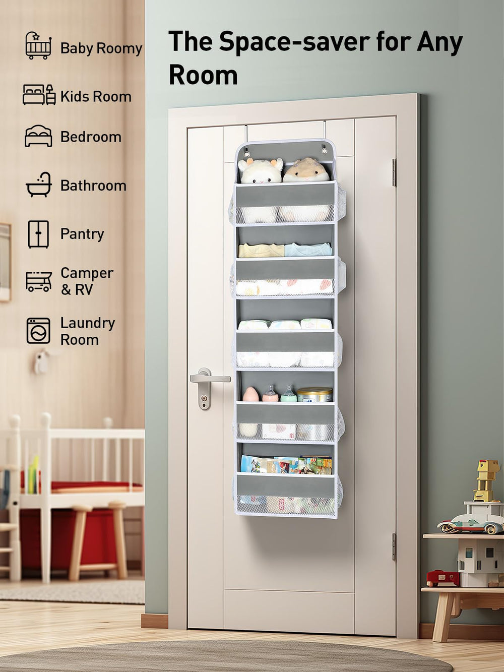Grey Yecaye organizer complements nursery and bedroom decor