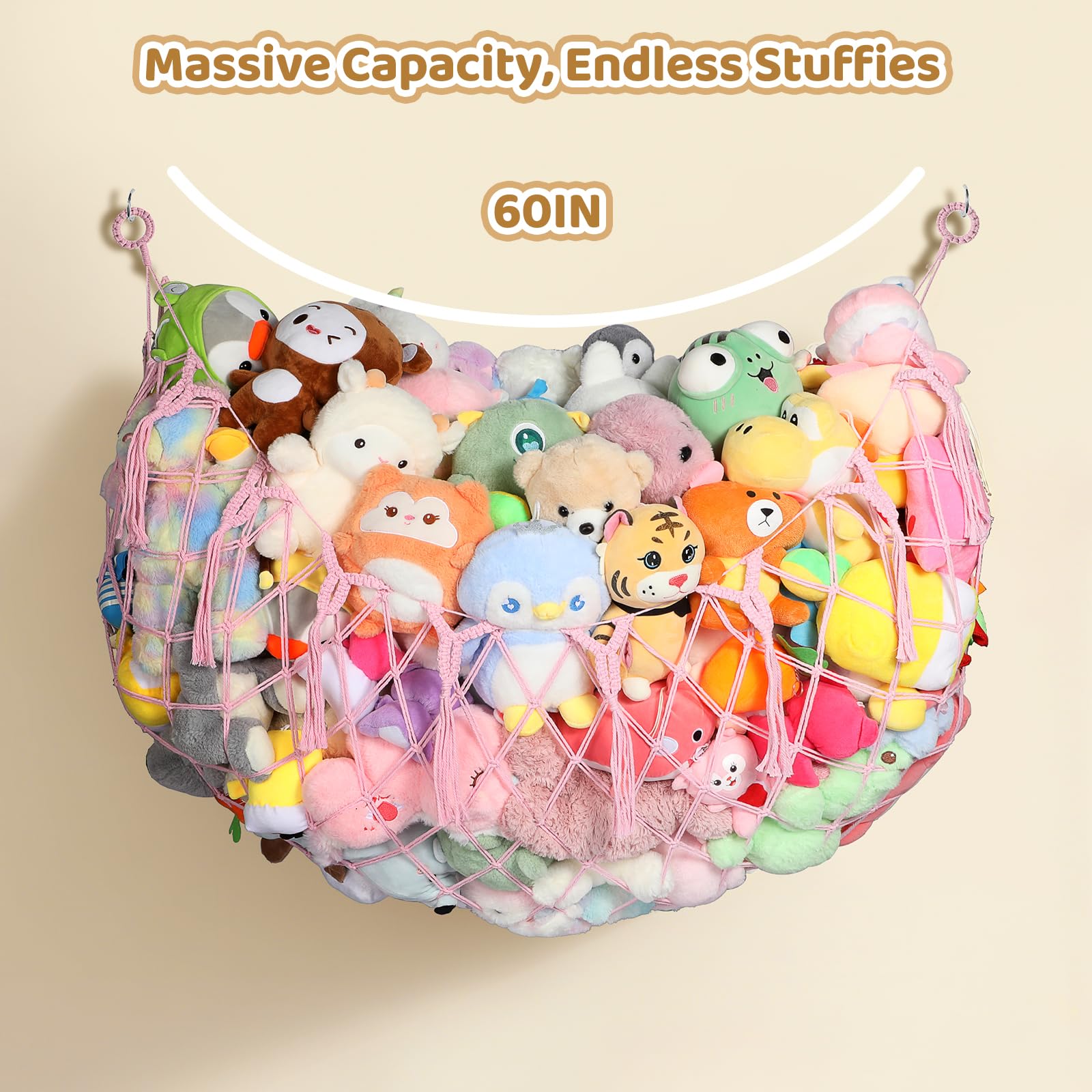 Yecaye handwoven cotton-rope net offers sturdy, decorative storage for stuffed friends.
