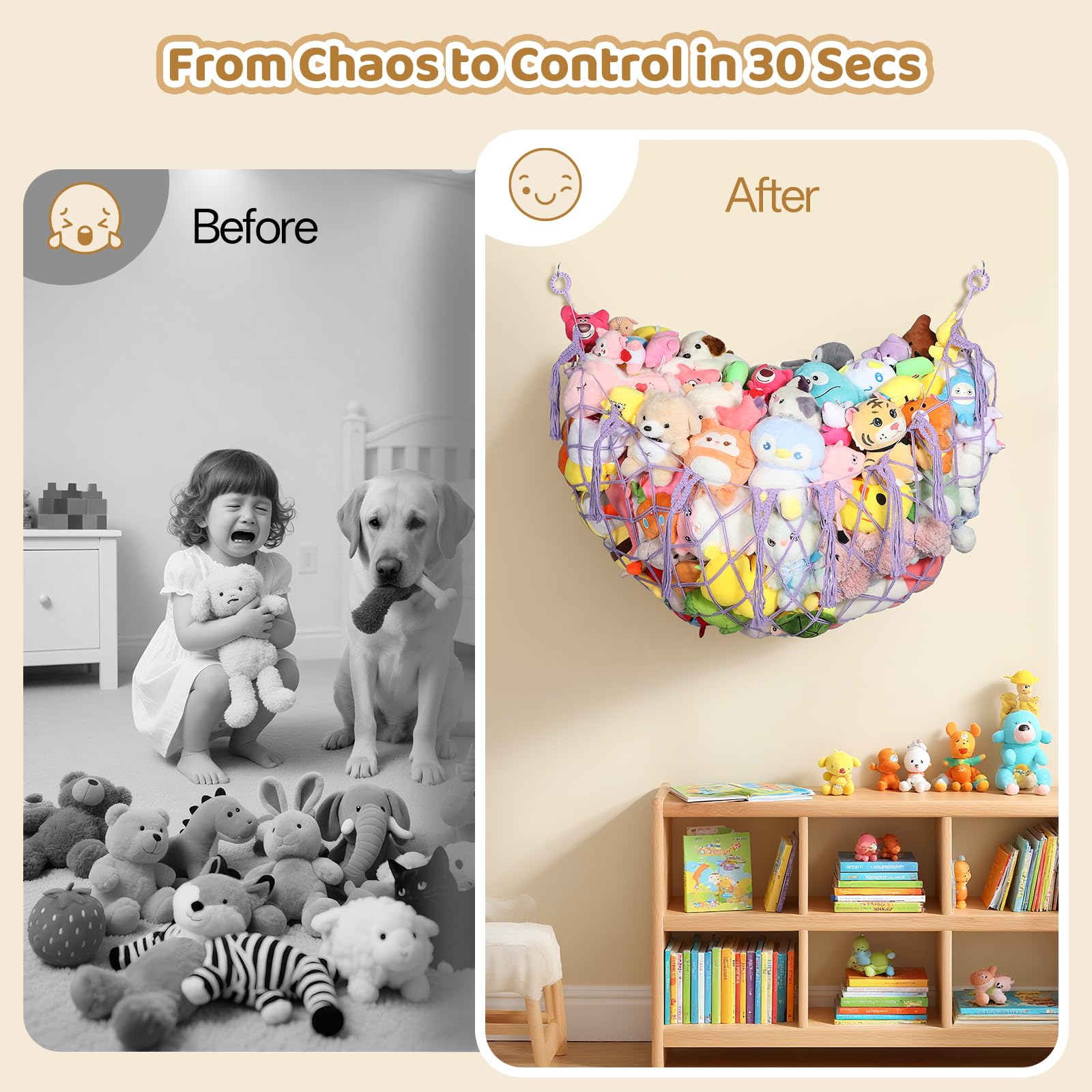 Yecaye handwoven cotton rope with tassels adds decorative touch while holding toys securely