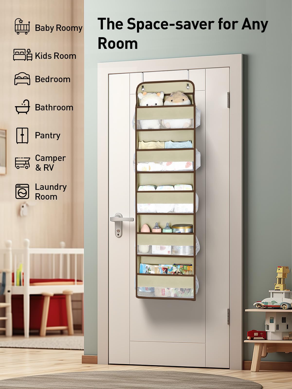 Nursery use: beige organizer keeps baby essentials tidy.