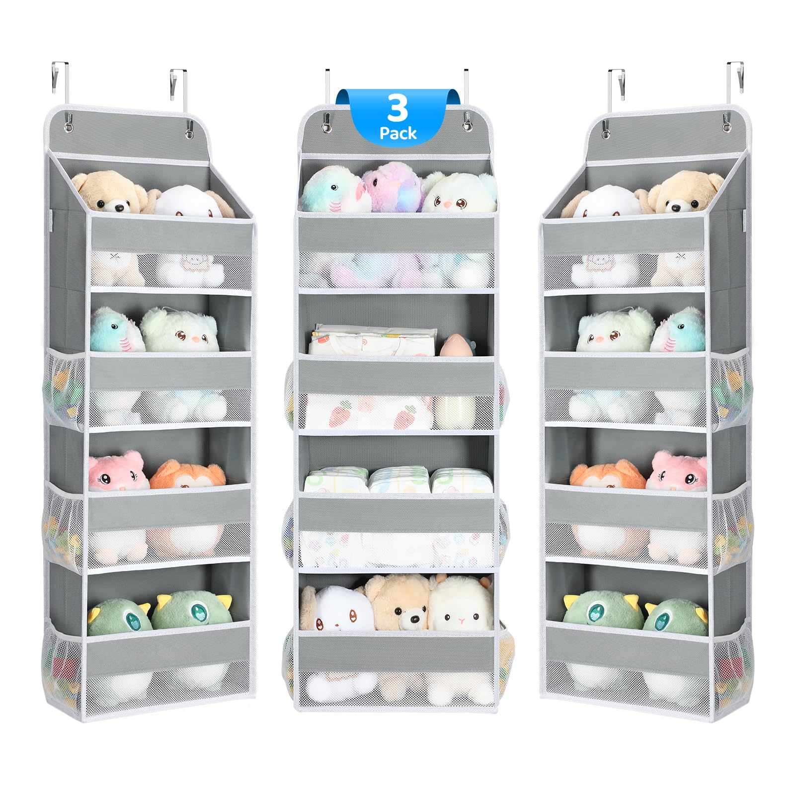 Yecaye over-the-door organizer gray front view with see-through mesh pockets for easy item spotting.