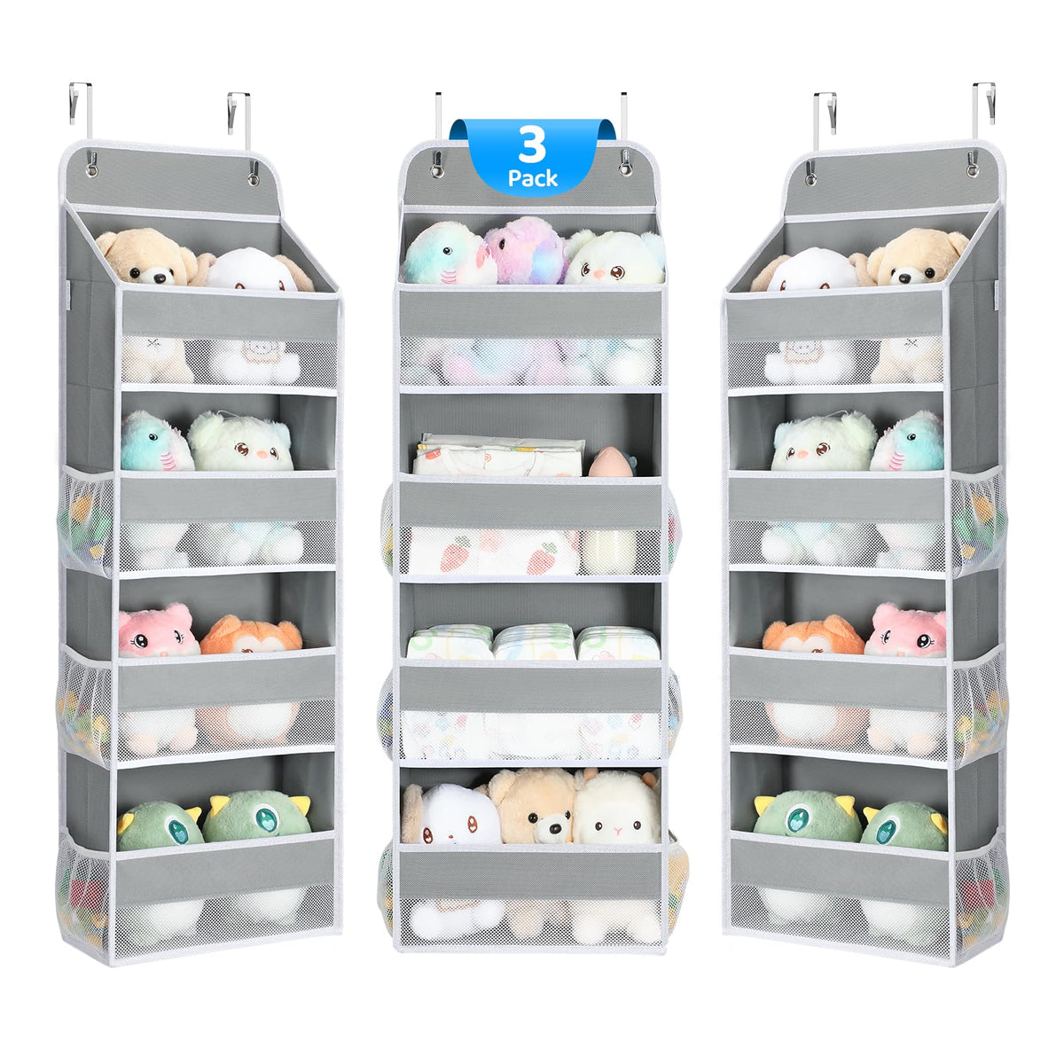 Yecaye over-the-door organizer gray front view with see-through mesh pockets for easy item spotting.