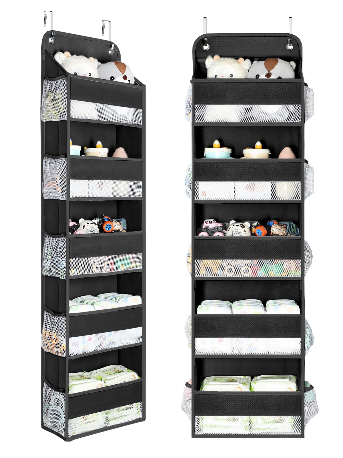 Yecaye over door organizer with 5 bins helps tidy baby and household essentials.