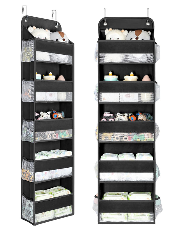 Yecaye over door organizer with 5 bins helps tidy baby and household essentials.