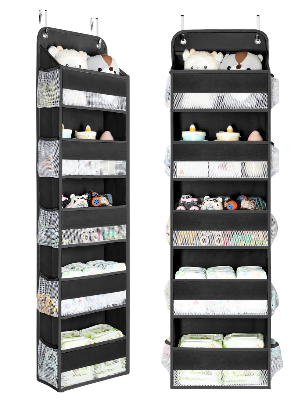 Yecaye over door organizer with 5 bins helps tidy baby and household essentials.