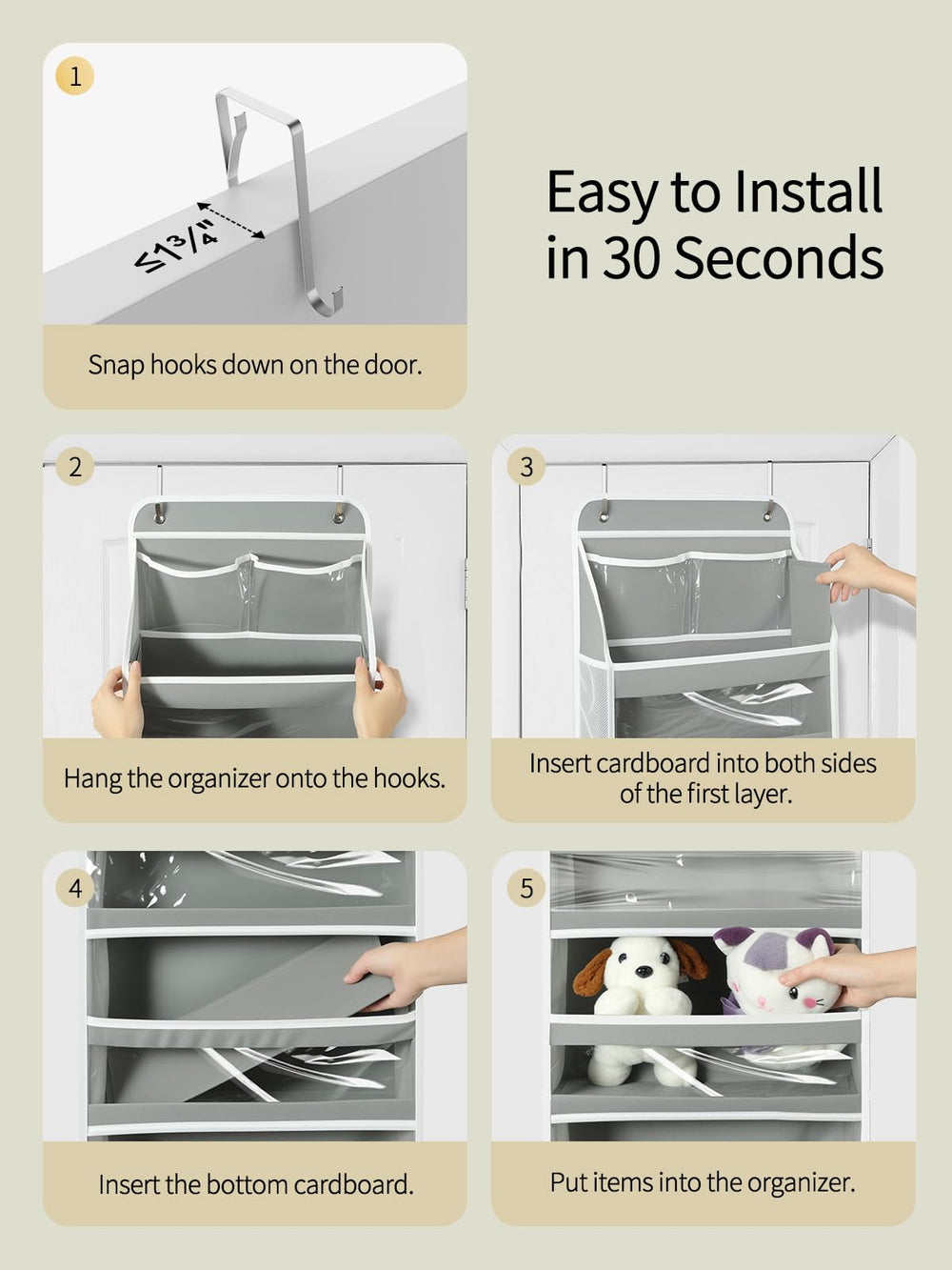 Yecaye over-door organizer door-fit-size diagram shows door compatibility.