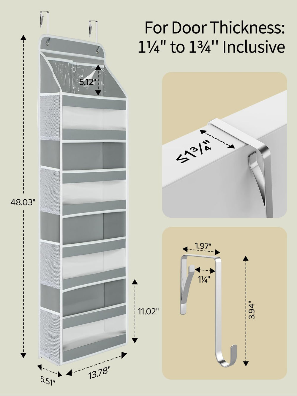 Yecaye over-door organizer reinforced stitching close-up for durable build.