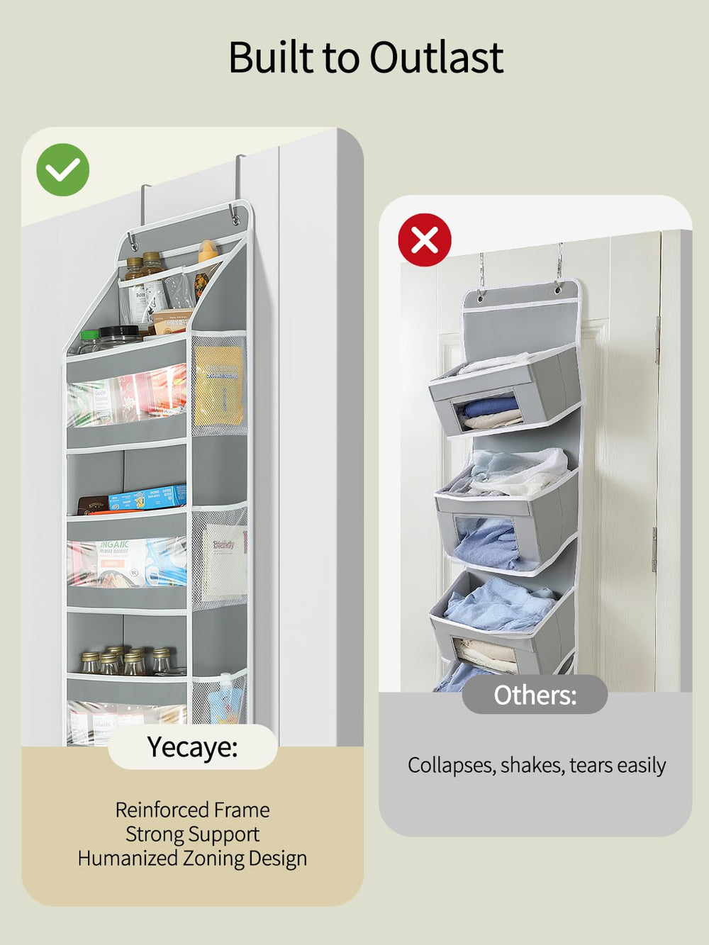 Yecaye over-door organizer side mesh pockets for flexible storage.