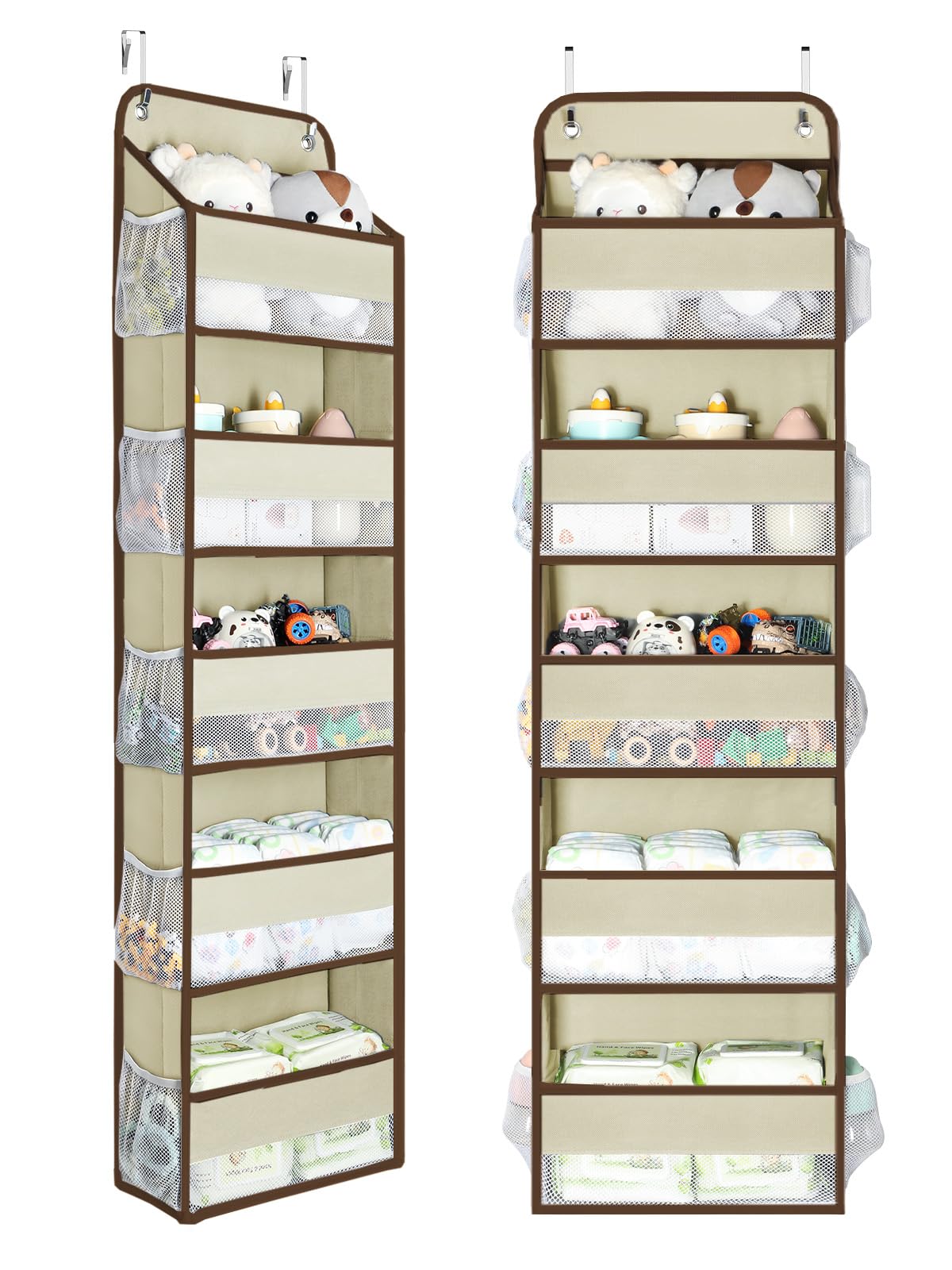 Yecaye beige over-the-door organizer with five large bins keeps nursery items organized.