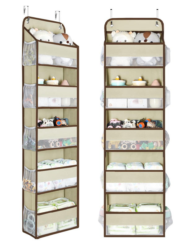 Yecaye beige over-the-door organizer with five large bins keeps nursery items organized.