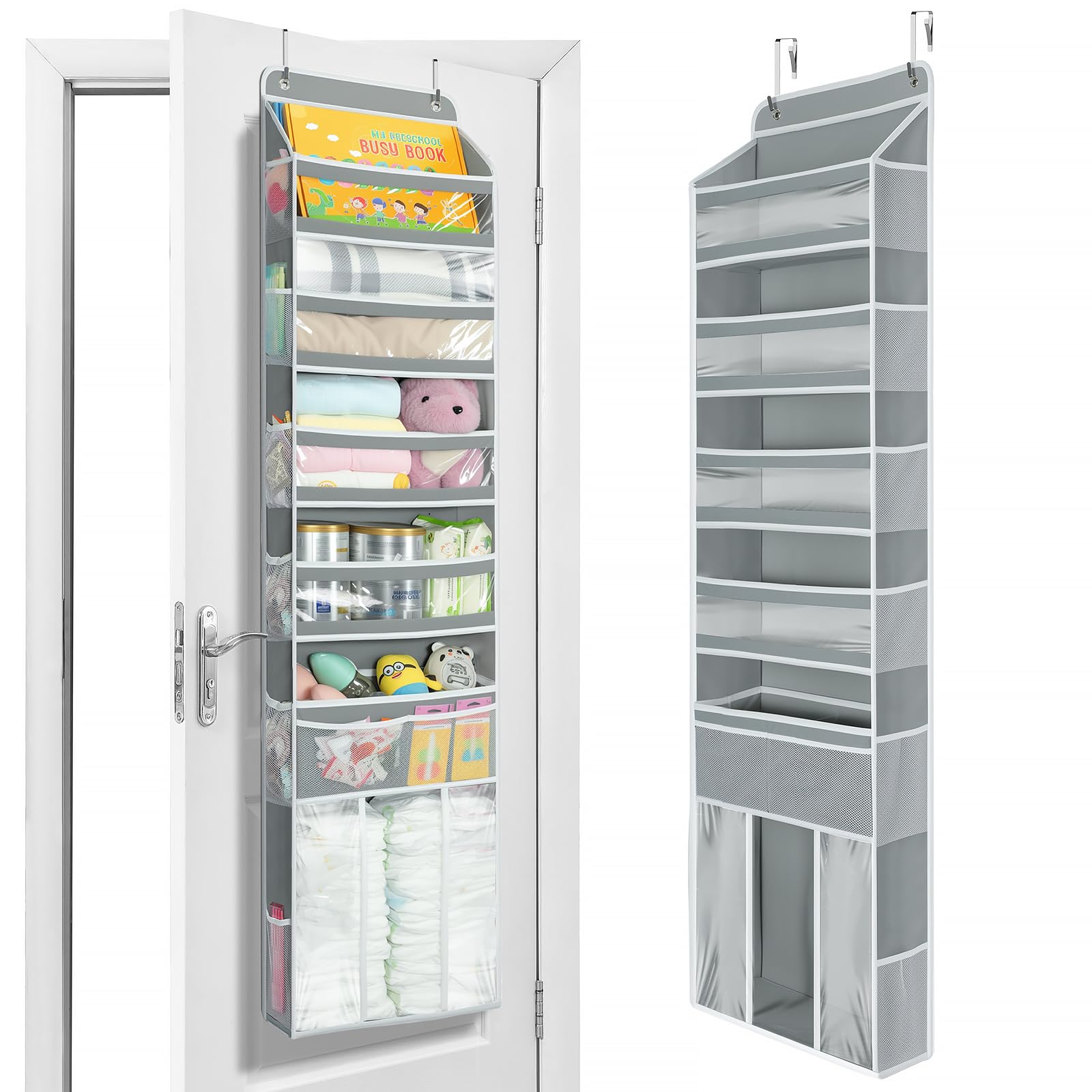 Yecaye over-the-door organizer with clear windows for quick access to toys and supplies.