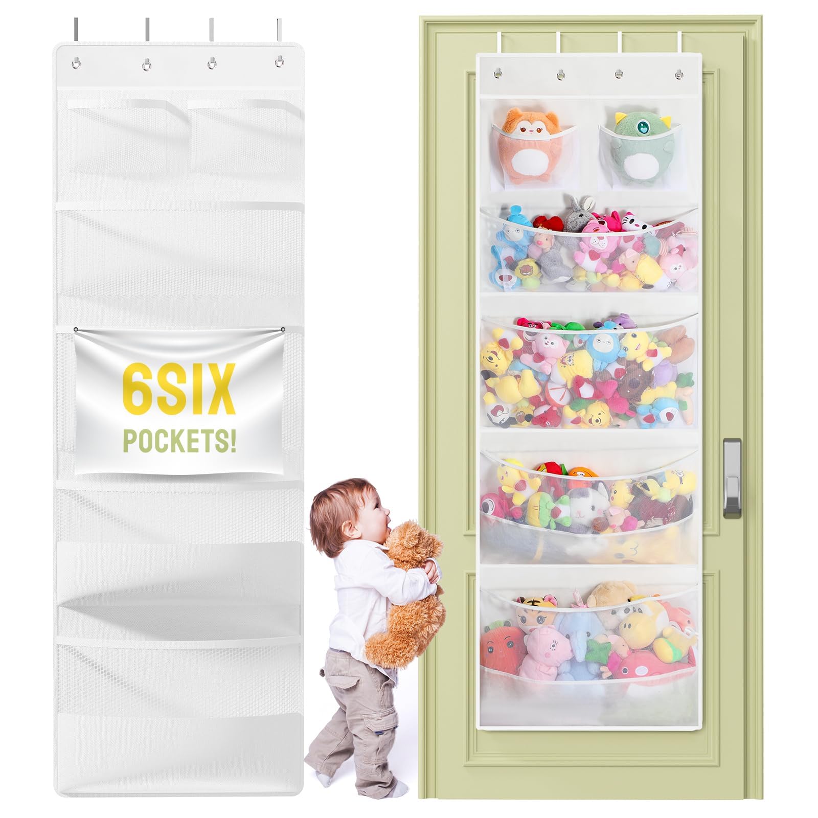 Yecaye stuffed animal storage over the door hanger keeps toys accessible and organized.