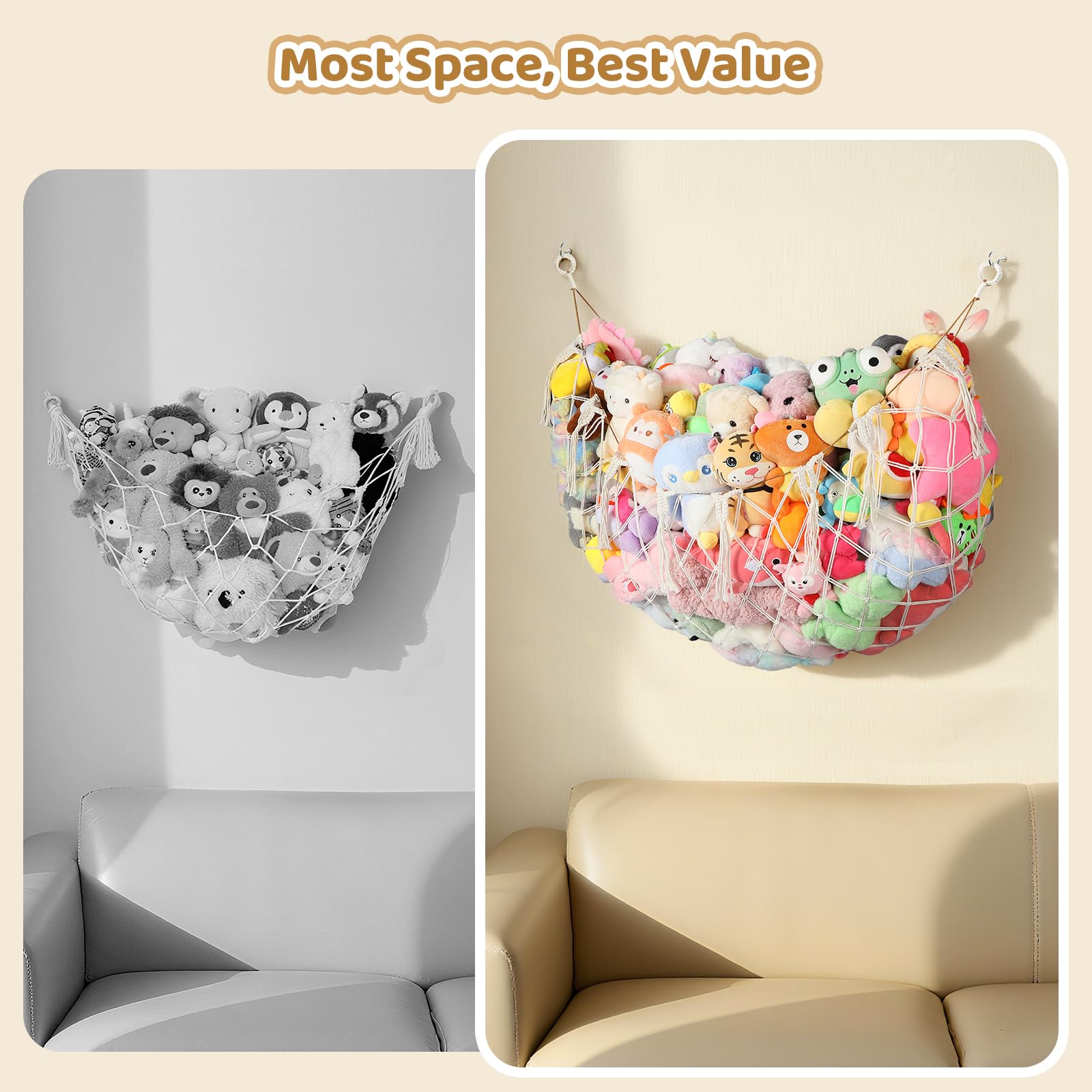 Yecaye sturdy cotton rope core supports heavy plush collections.