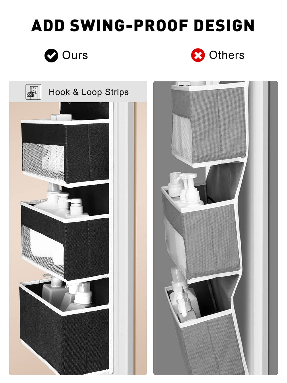 Swing-proof design keeps items secure when the door opens