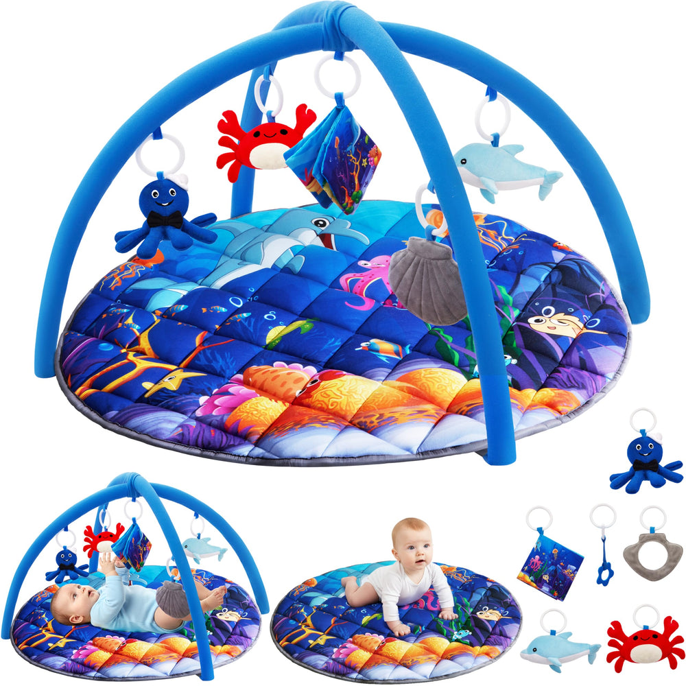 Yeeeasy ocean play gym setup highlights vibrant colors to support visual tracking.