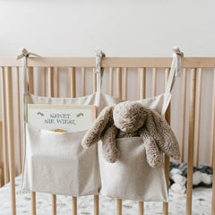 YeeMan linen baby bedside bag on crib front view with two pockets for easy reach