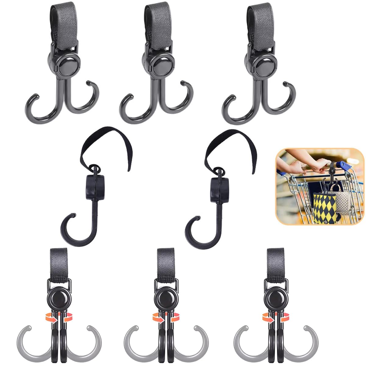 YehVeh stroller hooks with 360-degree rotation for versatile hanging options.