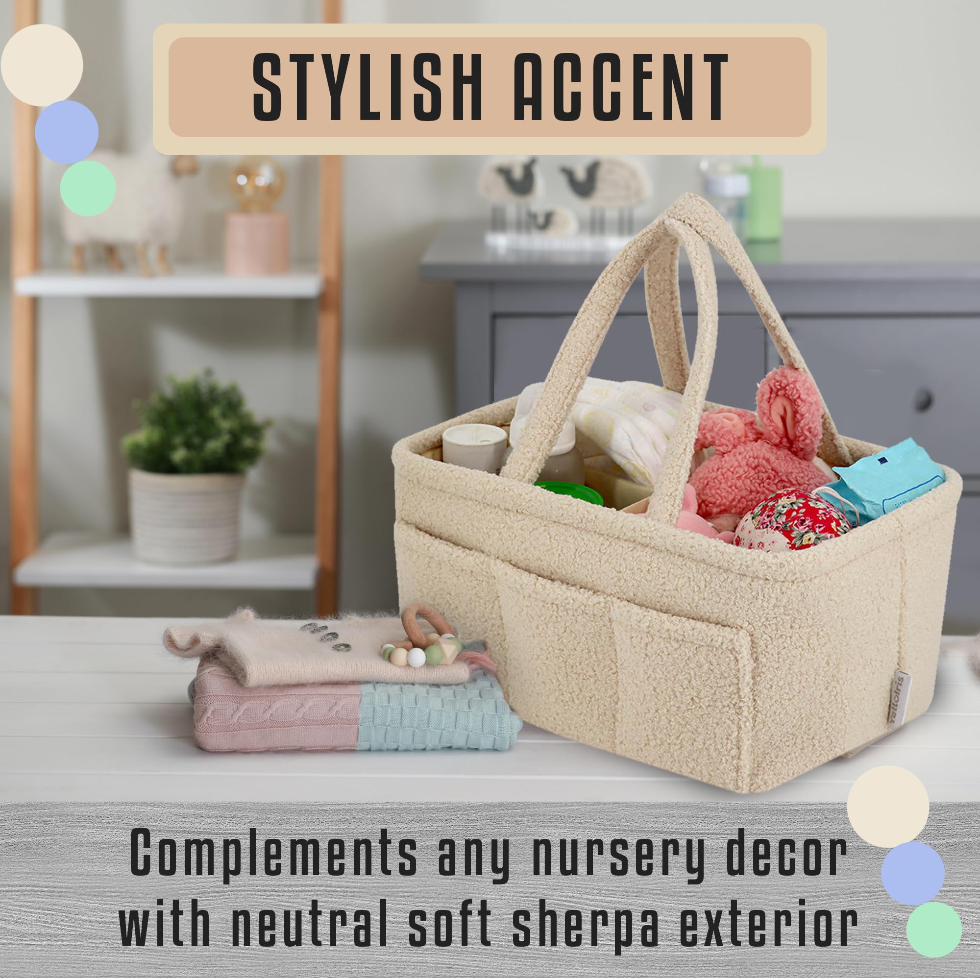 YelloIris diaper caddy with removable compartments for customizable storage