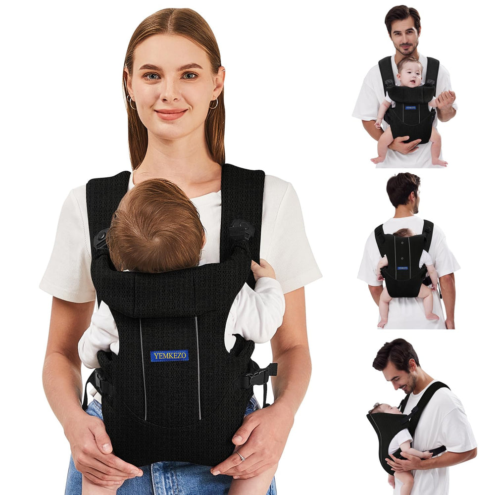 YEMKEZO Baby Carrier front view showing a snug hands-free wear for busy days.