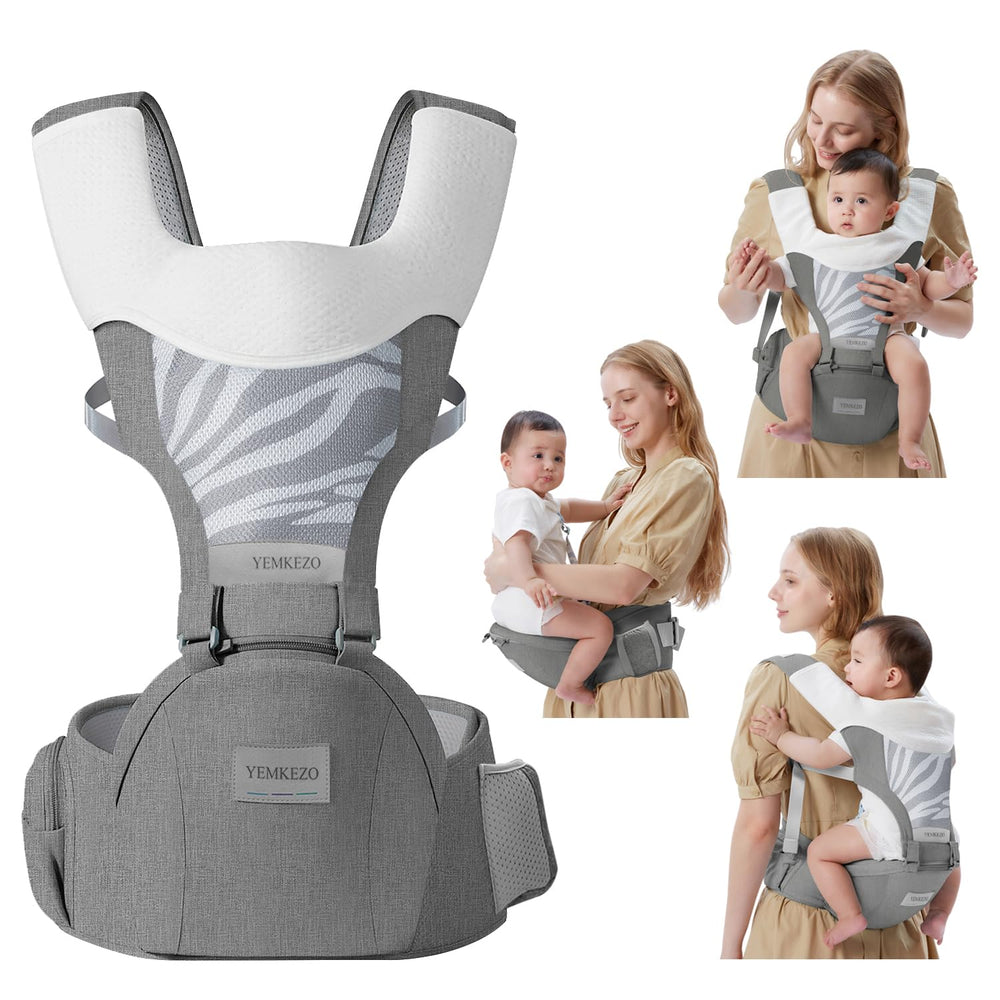 YEMKEZO hip seat attachment demonstrates versatile carrying setups for babies.