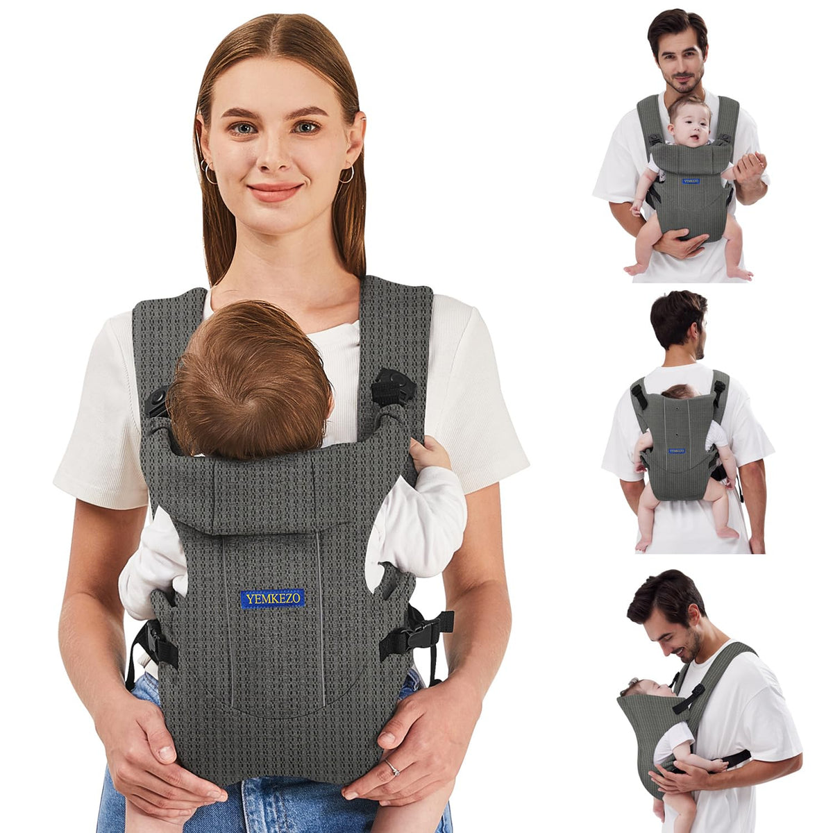 YEMKEZO baby carrier mesh grey front view for hands-free comfort.