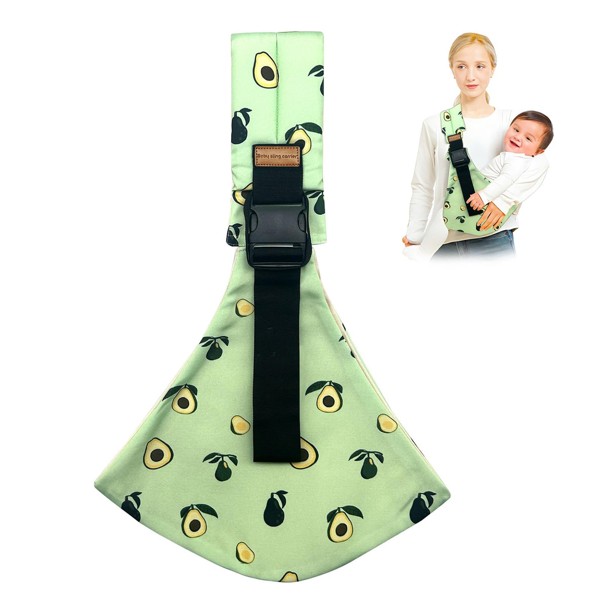 Yemyig Avocado Baby Sling front view shows adjustable support for growing infants.