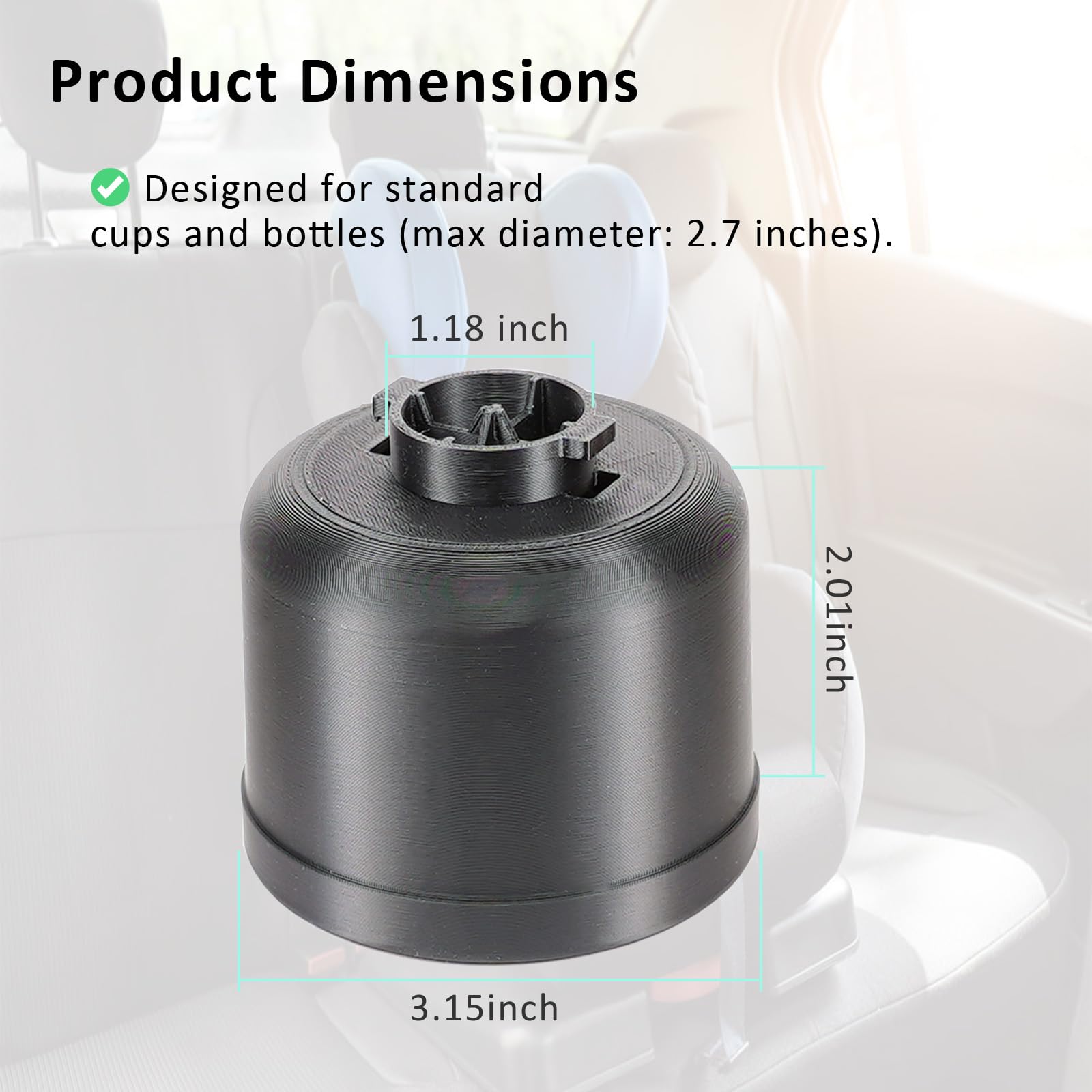 YENANA cup holder features a 2.5-inch depth and 2.7-inch cup compatibility.