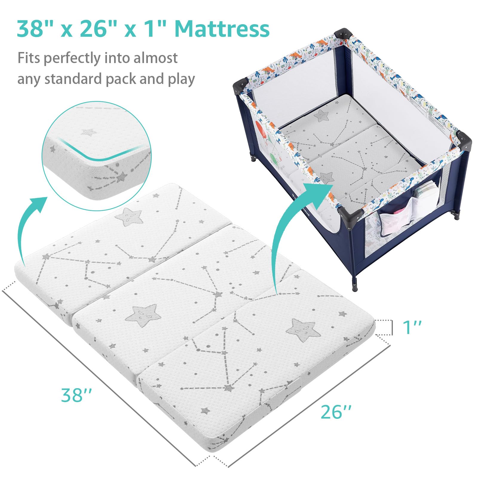 YENING 38x26 pack and play mattress fits standard cribs for snug, mess-ready playtime.