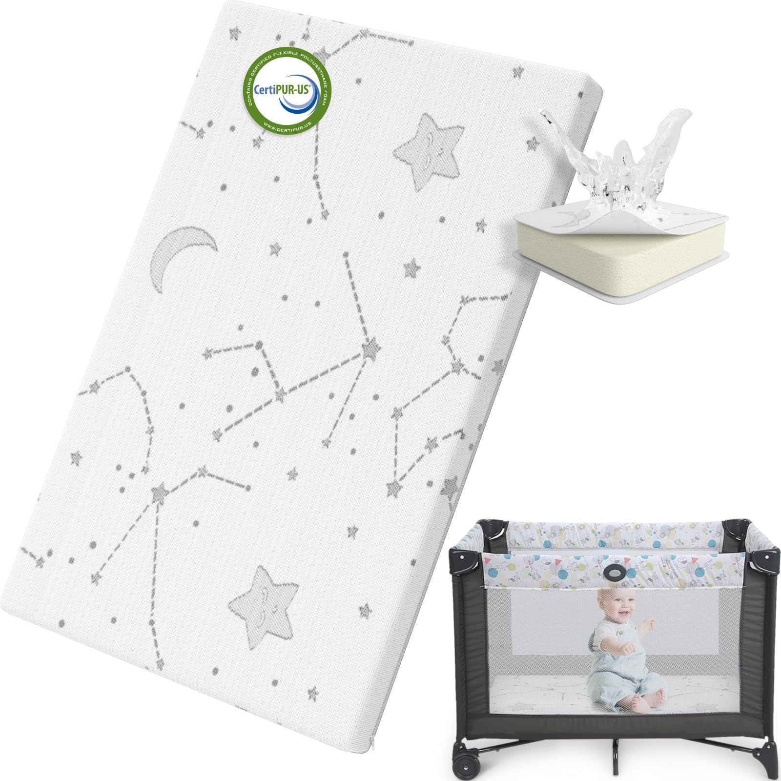 YENING pack and play mattress topper 38x26 inches for a snug, gap-free fit in playpens.