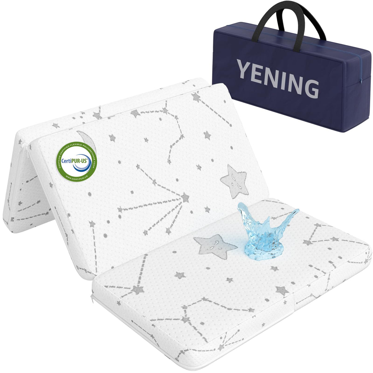 YENING trifold pack and play mattress folded in its travel bag for easy outdoor use.