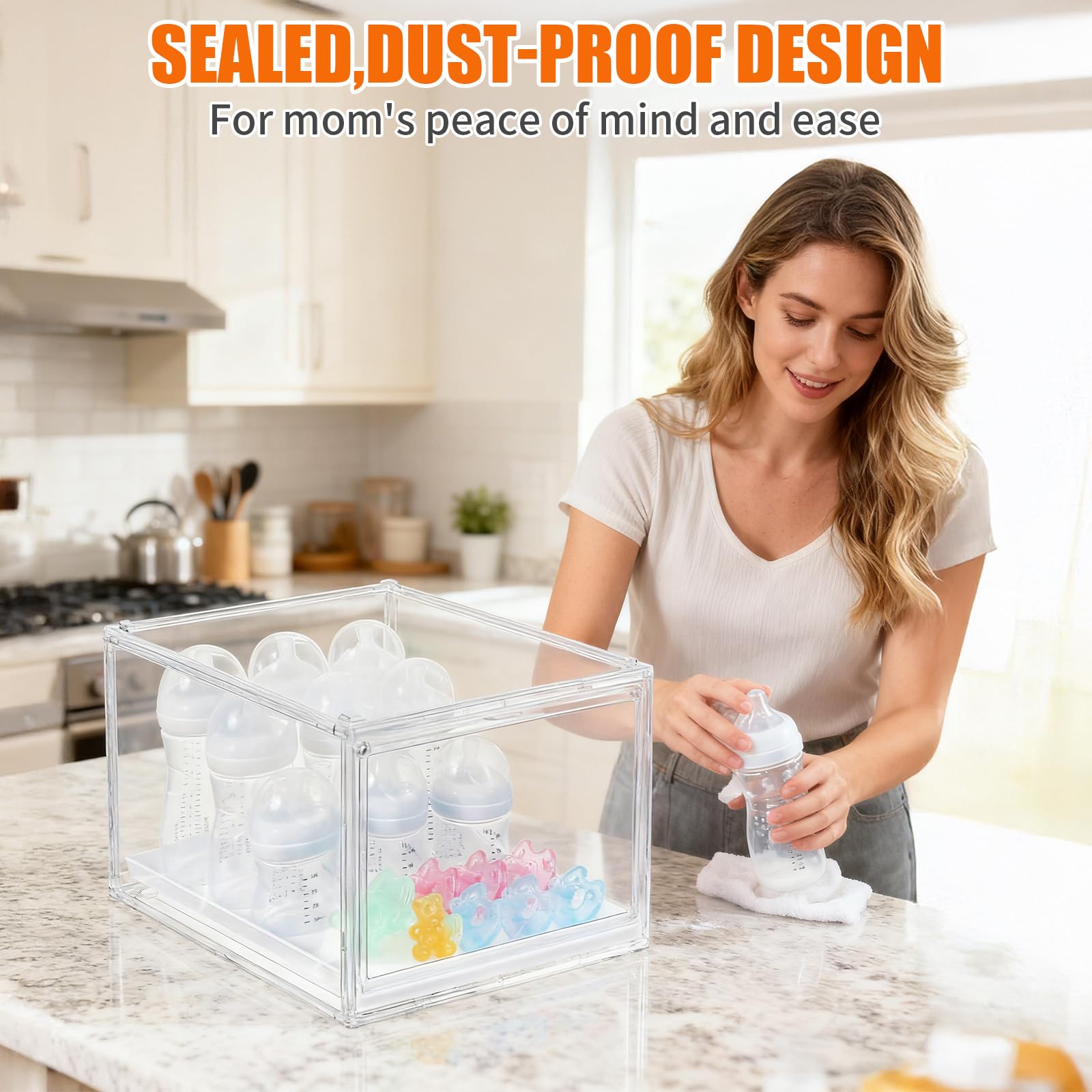 YESGIRL stackable bottle organizer saves counter space in shared nurseries.