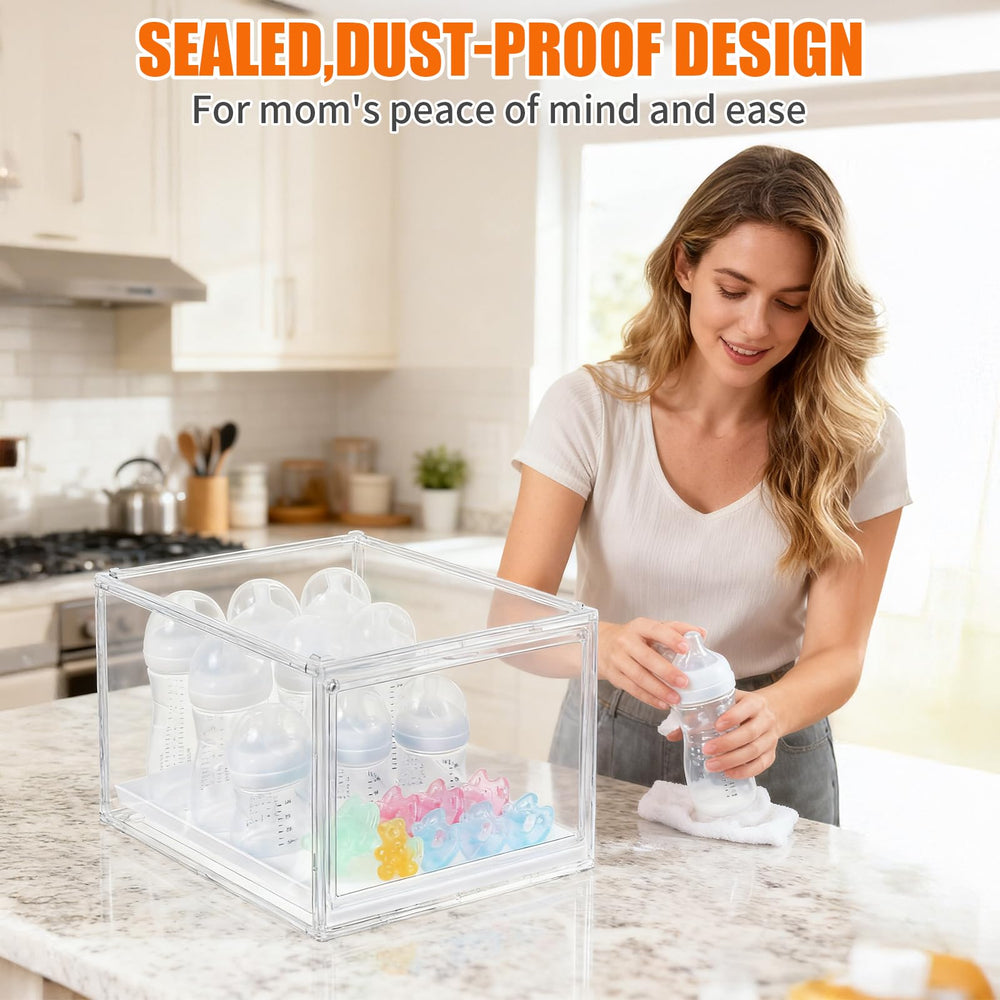 YESGIRL stackable bottle organizer saves counter space in shared nurseries.