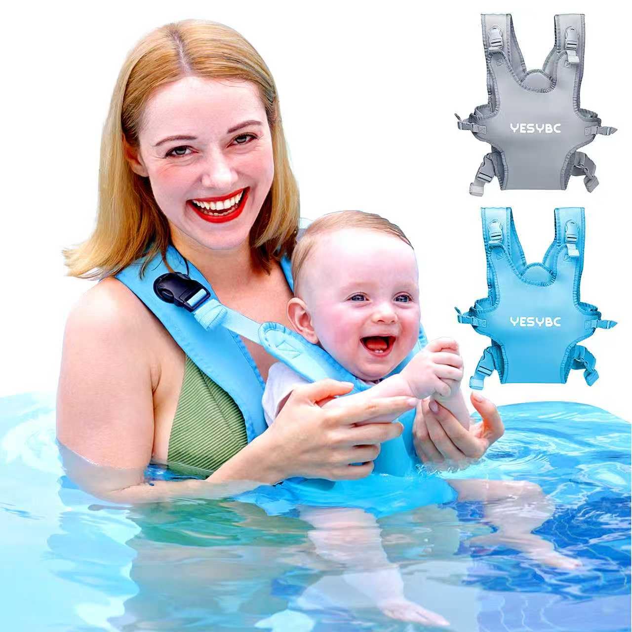 YESYBC baby carrier in blue used poolside for hands-free water play