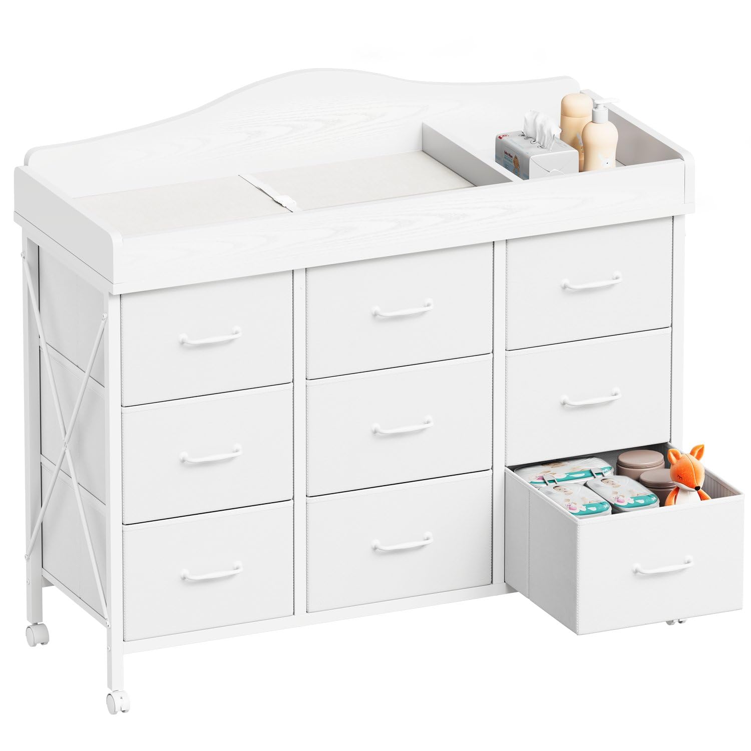 YeTom baby changing table front view showing nine drawers for organized diaper storage.