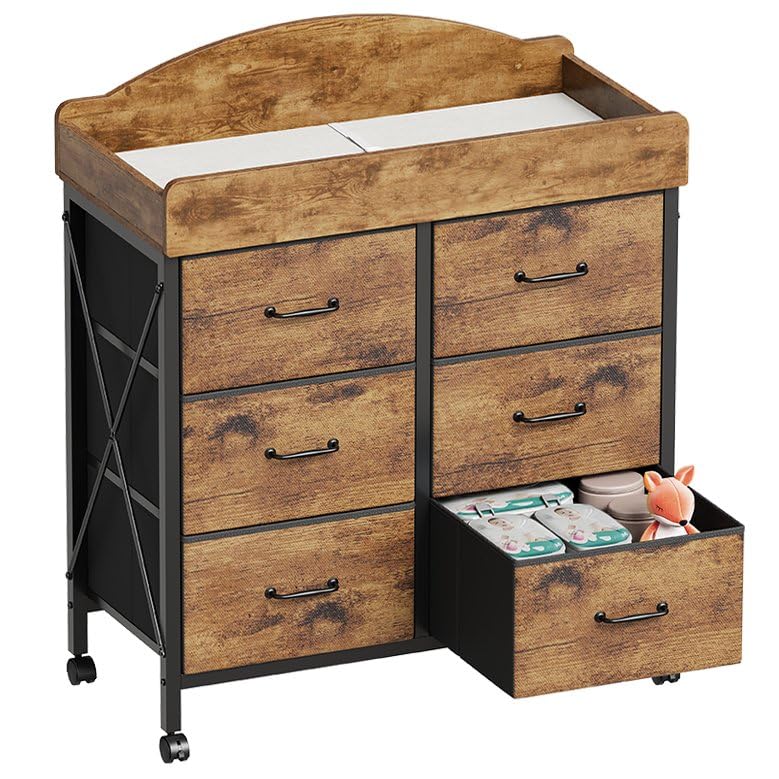 Yetom baby changing table dresser with wheels enables easy mobility for room-to-room care.