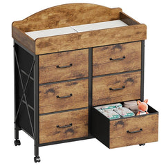 Yetom baby changing table dresser with wheels enables easy mobility for room-to-room care.