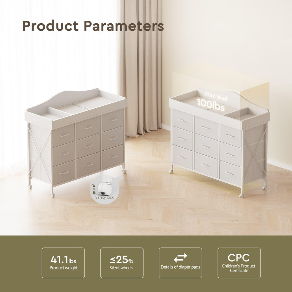 YeTom changing table in a nursery setting demonstrates ample storage and organization.